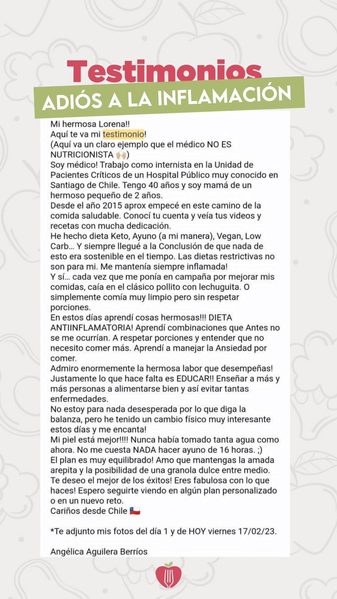Testimonio de Angélica Aguilera Berríos, médica internista en Santiago de Chile: probó keto, ayuno, vegan y low carb sin resultados sostenibles, y con la alimentación antiinflamatoria mejoró su piel.